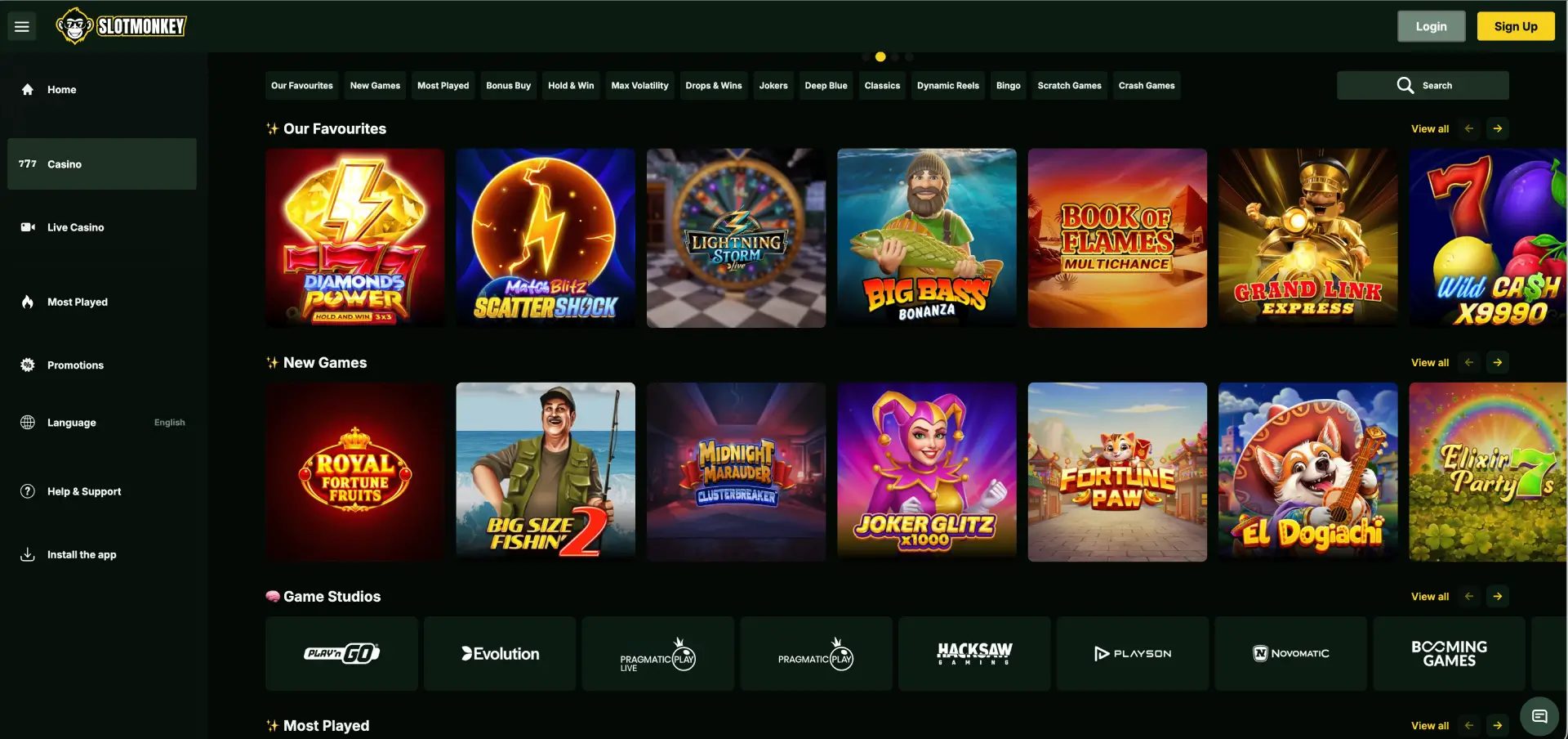 Slotmonkey casino lobby met spelcategorieën en promotieblokken