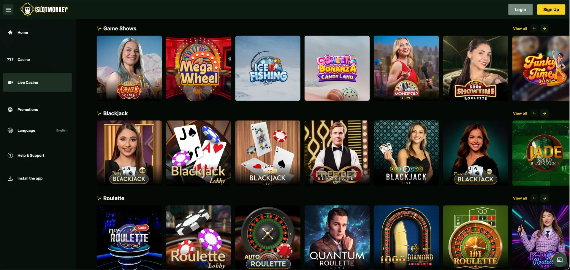 Slotmonkey live casino met roulette blackjack en game shows